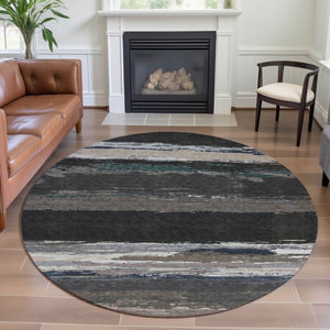 HomeRoots 8' X 8' Black Beige Blue Abstract Washable Round Rug - UV Protected, Stain Resistant, Durable Design 692700
