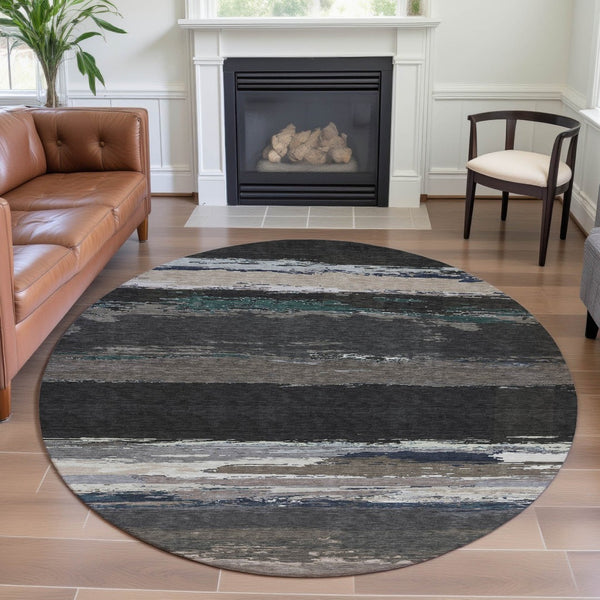 HomeRoots 8' X 8' Black Beige Blue Abstract Washable Round Rug - UV Protected, Stain Resistant, Durable Design 692700