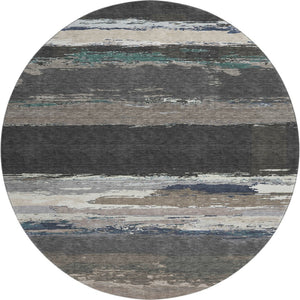 HomeRoots 8' X 8' Black Beige Blue Abstract Washable Round Rug - UV Protected, Stain Resistant, Durable Design 692700