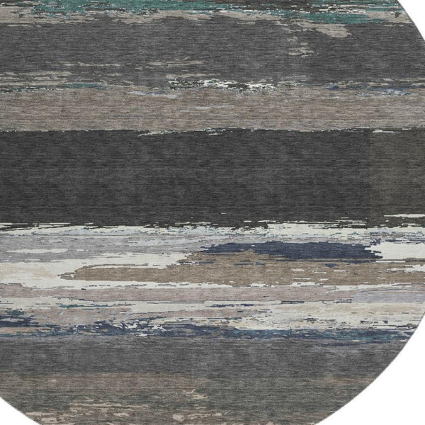 HomeRoots 8' X 8' Black Beige Blue Abstract Washable Round Rug - UV Protected, Stain Resistant, Durable Design 692700
