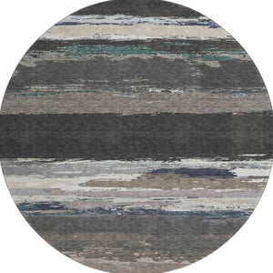 HomeRoots 8' X 8' Black Beige Blue Abstract Washable Round Rug - UV Protected, Stain Resistant, Durable Design 692700