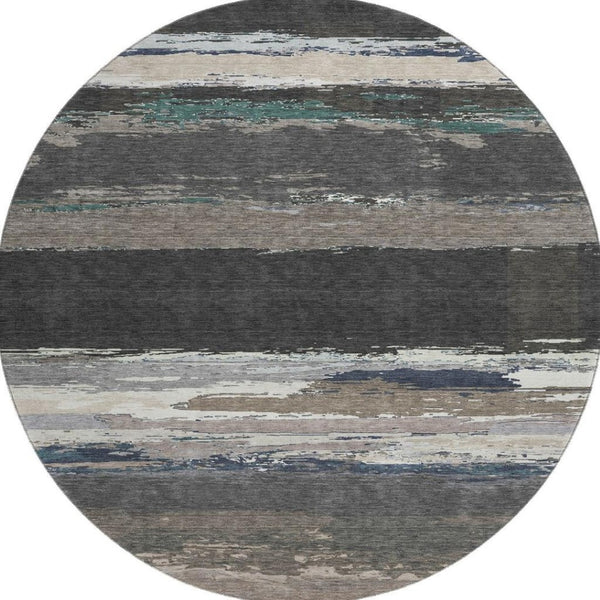 HomeRoots 8' X 8' Black Beige Blue Abstract Washable Round Rug - UV Protected, Stain Resistant, Durable Design 692700