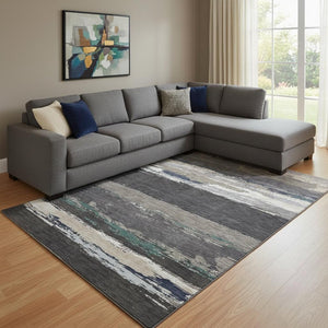 HomeRoots 8' Modern Black Beige & Blue Abstract Washable Area Rug with UV Protection for Home & Patio Style 692701