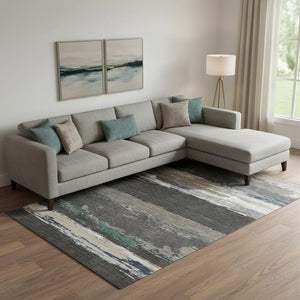 HomeRoots 10' X 14' Abstract Washable Area Rug in Black, Beige & Blue - Durable, Stain Resistant, UV Protected! 692703