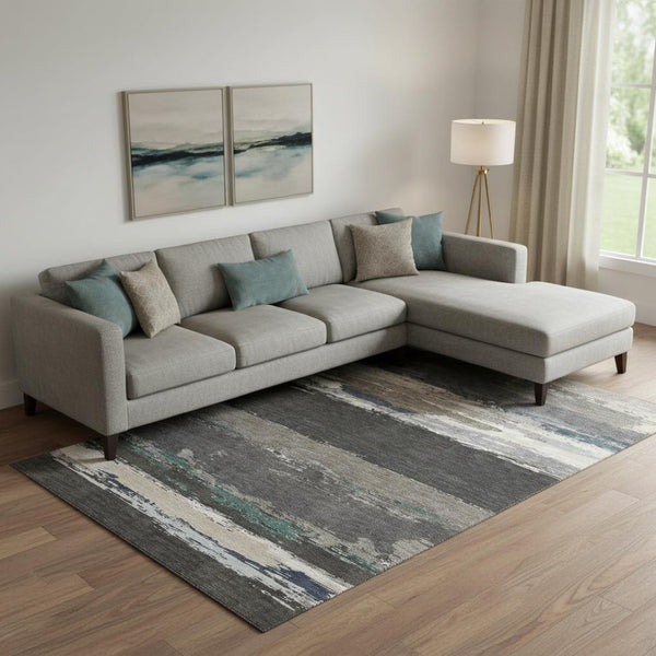 HomeRoots 10' X 14' Abstract Washable Area Rug in Black, Beige & Blue - Durable, Stain Resistant, UV Protected! 692703