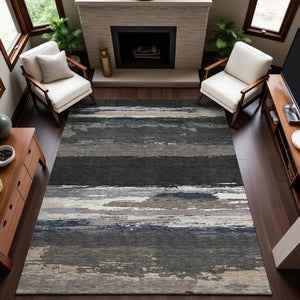 HomeRoots 10' X 14' Abstract Washable Area Rug in Black, Beige & Blue - Durable, Stain Resistant, UV Protected! 692703