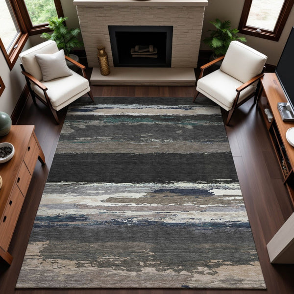 HomeRoots 10' X 14' Abstract Washable Area Rug in Black, Beige & Blue - Durable, Stain Resistant, UV Protected! 692703
