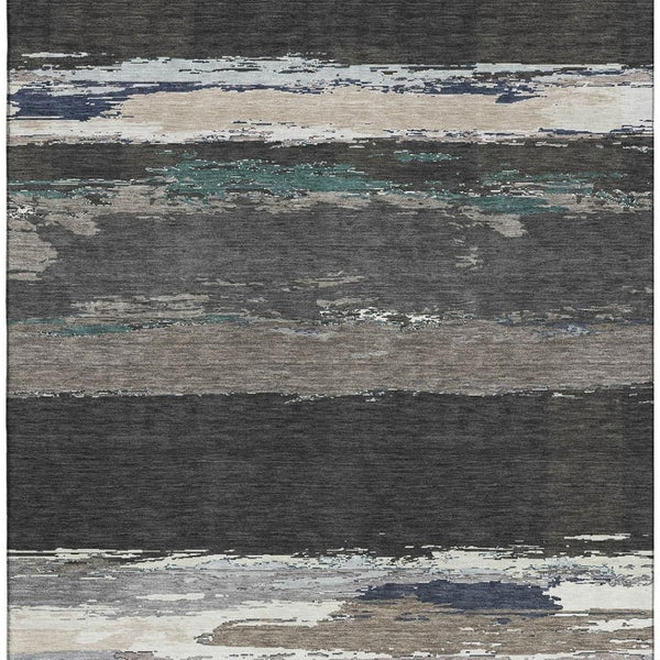 HomeRoots 10' X 14' Abstract Washable Area Rug in Black, Beige & Blue - Durable, Stain Resistant, UV Protected! 692703