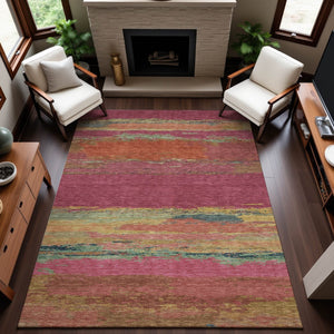 HomeRoots 5' X 8' Vibrant Blush Orange & Teal Abstract Area Rug - Washable, UV Protected for Everyday Use 692705