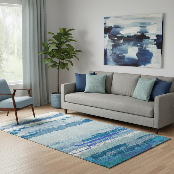 HomeRoots 5' X 8' Blue And Ivory Abstract Washable Area Rug - Stylish, Durable, UV Protected for High-Traffic Spaces 692711