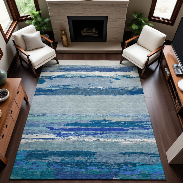 HomeRoots 5' X 8' Blue And Ivory Abstract Washable Area Rug - Stylish, Durable, UV Protected for High-Traffic Spaces 692711