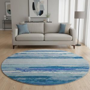 HomeRoots 8' Round Blue and Ivory Abstract Washable Rug with UV Protection - Durable, Stylish, Family-Friendly Design 692712