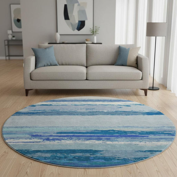 HomeRoots 8' Round Blue and Ivory Abstract Washable Rug with UV Protection - Durable, Stylish, Family-Friendly Design 692712
