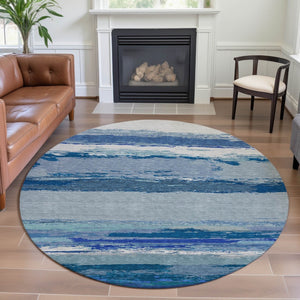 HomeRoots 8' Round Blue and Ivory Abstract Washable Rug with UV Protection - Durable, Stylish, Family-Friendly Design 692712