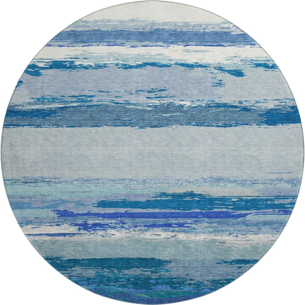 HomeRoots 8' Round Blue and Ivory Abstract Washable Rug with UV Protection - Durable, Stylish, Family-Friendly Design 692712
