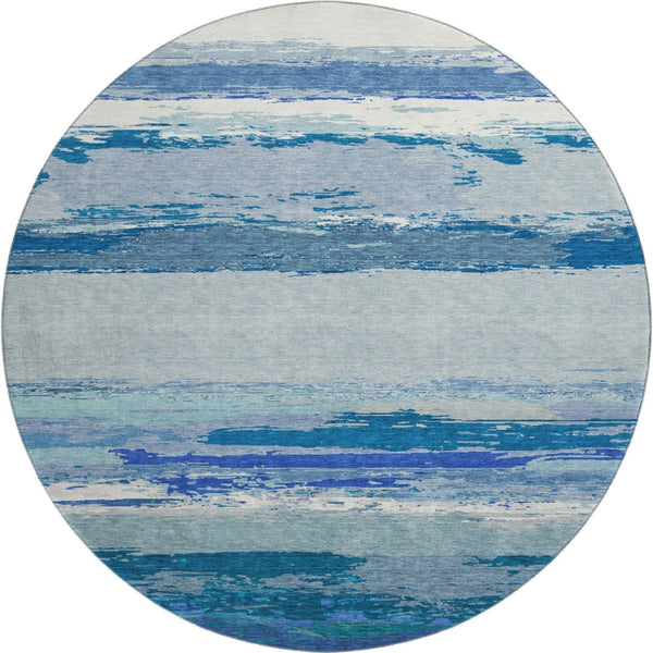 HomeRoots 8' Round Blue and Ivory Abstract Washable Rug with UV Protection - Durable, Stylish, Family-Friendly Design 692712