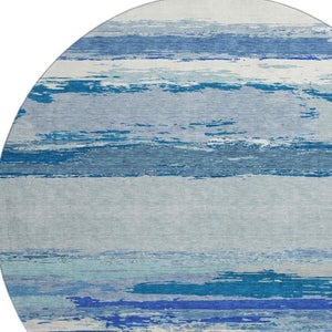 HomeRoots 8' Round Blue and Ivory Abstract Washable Rug with UV Protection - Durable, Stylish, Family-Friendly Design 692712