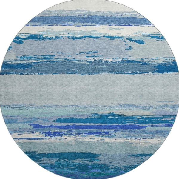 HomeRoots 8' Round Blue and Ivory Abstract Washable Rug with UV Protection - Durable, Stylish, Family-Friendly Design 692712