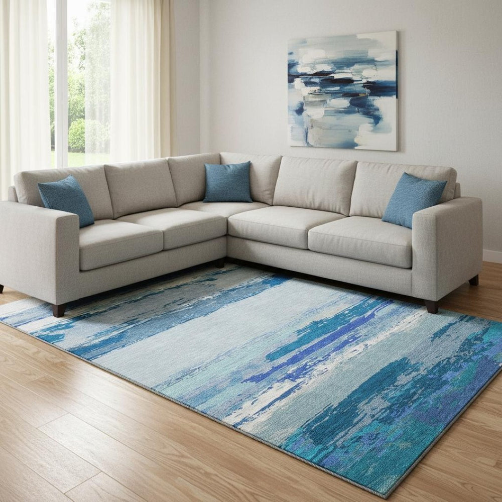 HomeRoots 8' Blue and Ivory Abstract Washable Area Rug – Durable, Stylish, UV-Protected for High-Traffic Spaces! 692713