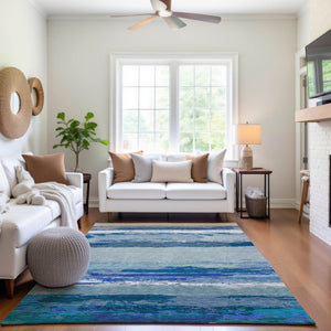 HomeRoots 8' Blue and Ivory Abstract Washable Area Rug – Durable, Stylish, UV-Protected for High-Traffic Spaces! 692713