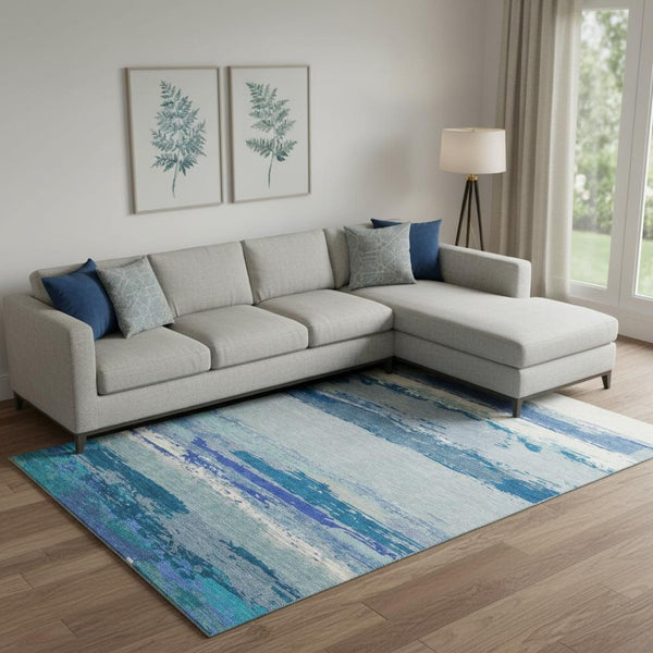 HomeRoots 9' X 12' Blue and Ivory Abstract Area Rug - Washable, UV Protected, Durable, Stylish for Home & Patio 692714