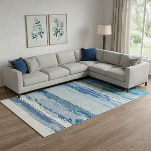 HomeRoots 10' X 14' Blue and Ivory Abstract Area Rug – Washable, UV-Protected, Durable Design for Modern Spaces 692715