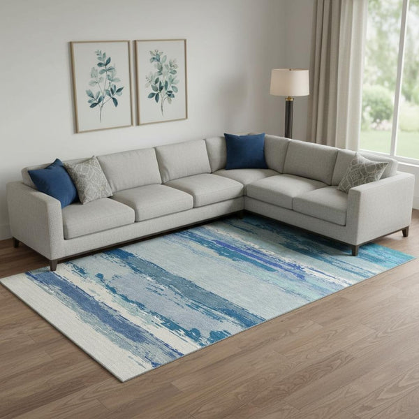 HomeRoots 10' X 14' Blue and Ivory Abstract Area Rug – Washable, UV-Protected, Durable Design for Modern Spaces 692715