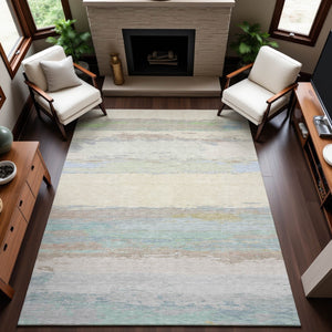 HomeRoots 5' X 8' Stylish Ivory, Mint Green & Teal Abstract Washable Area Rug with UV Protection & Durability 692717