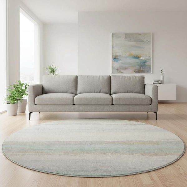 HomeRoots 8' Round Washable Rug in Ivory, Mint Green & Teal - Stain-Resistant, UV Protected, Non-Slip & Stylish! 692718