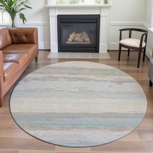 HomeRoots 8' Round Washable Rug in Ivory, Mint Green & Teal - Stain-Resistant, UV Protected, Non-Slip & Stylish! 692718