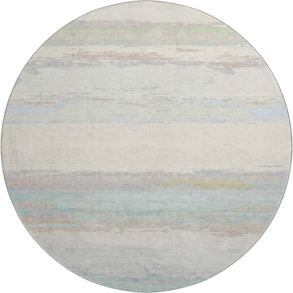 HomeRoots 8' Round Washable Rug in Ivory, Mint Green & Teal - Stain-Resistant, UV Protected, Non-Slip & Stylish! 692718