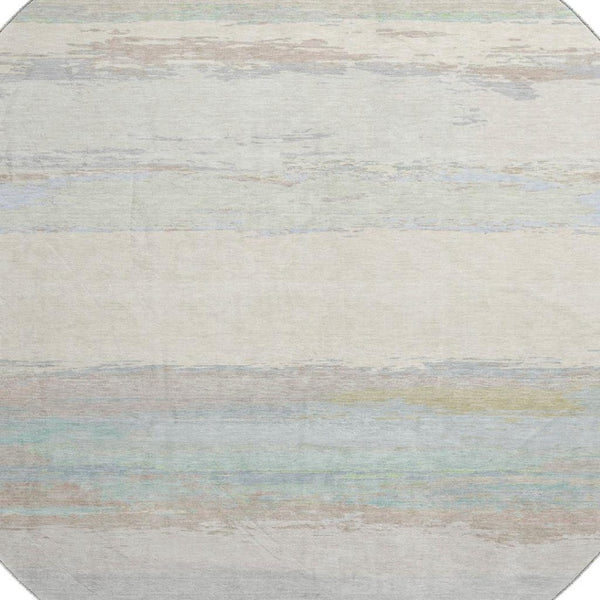 HomeRoots 8' Round Washable Rug in Ivory, Mint Green & Teal - Stain-Resistant, UV Protected, Non-Slip & Stylish! 692718