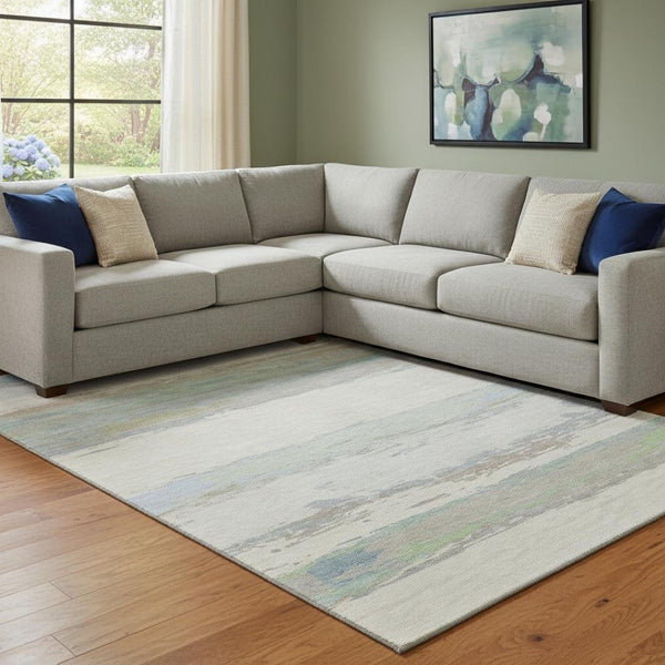HomeRoots 8' Modern Abstract Area Rug in Ivory, Mint Green & Teal – Washable, UV Protected & Stain Resistant! 692719
