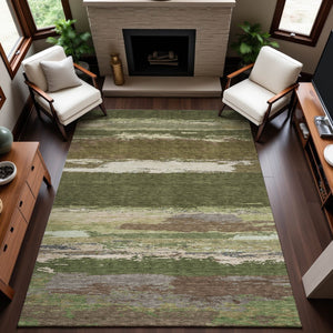 HomeRoots 5' X 8' Olive Green Abstract Area Rug - Durable, Stain Resistant, UV Protected & Non-Slip Backing! 692723