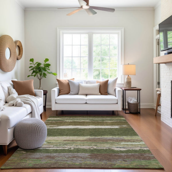HomeRoots 5' X 8' Olive Green Abstract Area Rug - Durable, Stain Resistant, UV Protected & Non-Slip Backing! 692723