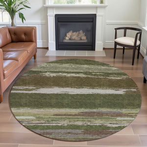 HomeRoots 8' Round Washable Rug in Olive Green, Silver & Brown - Stylish, Stain Resistant & UV Protected Design 692724