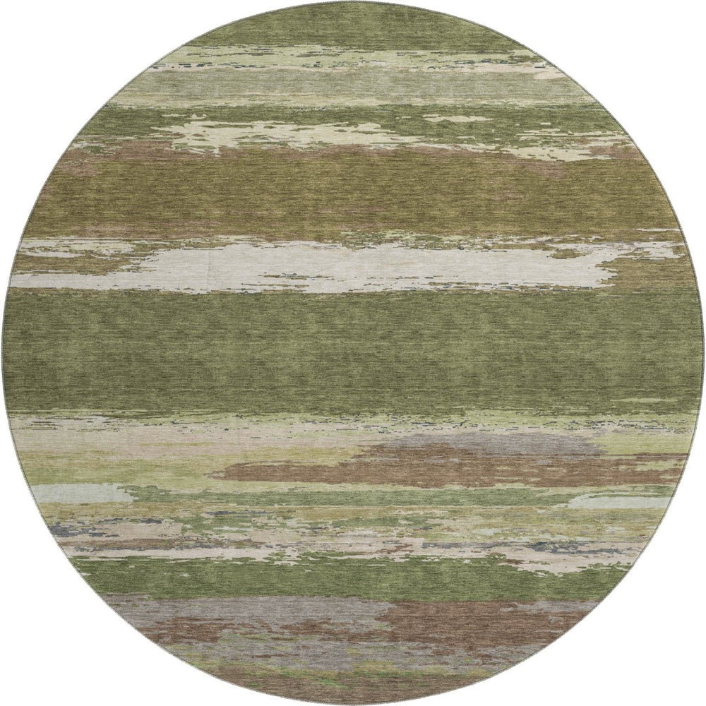 HomeRoots 8' Round Washable Rug in Olive Green, Silver & Brown - Stylish, Stain Resistant & UV Protected Design 692724