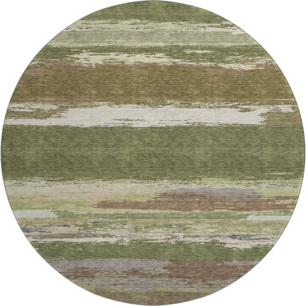 HomeRoots 8' Round Washable Rug in Olive Green, Silver & Brown - Stylish, Stain Resistant & UV Protected Design 692724