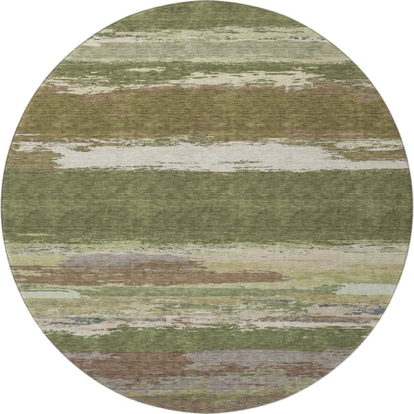 HomeRoots 8' Round Washable Rug in Olive Green, Silver & Brown - Stylish, Stain Resistant & UV Protected Design 692724