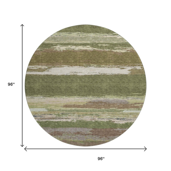 HomeRoots 8' Round Washable Rug in Olive Green, Silver & Brown - Stylish, Stain Resistant & UV Protected Design 692724