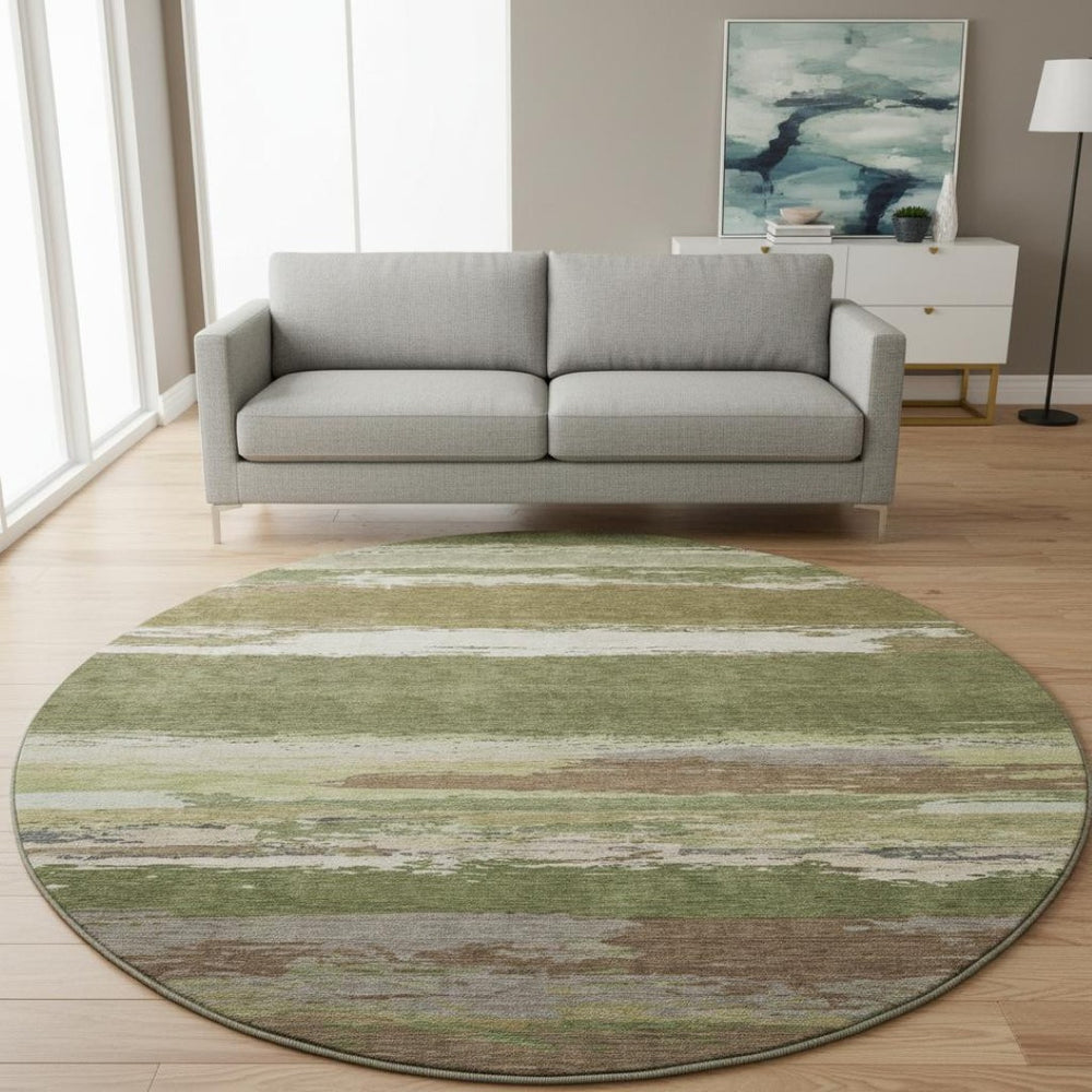 HomeRoots 8' Round Washable Rug in Olive Green, Silver & Brown - Stylish, Stain Resistant & UV Protected Design 692724