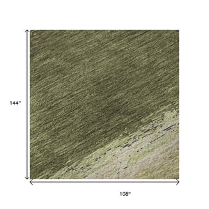 HomeRoots 9' X 12' Abstract Olive Green Area Rug - Washable, UV Protected, Stain Resistant, Non-Slip Backing 692726