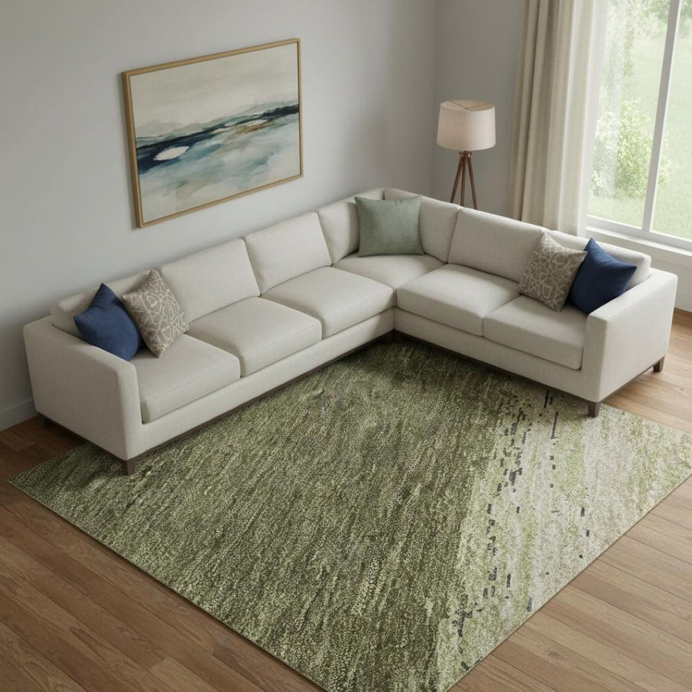 HomeRoots 9' X 12' Abstract Olive Green Area Rug - Washable, UV Protected, Stain Resistant, Non-Slip Backing 692726