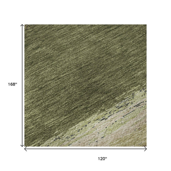 HomeRoots 10' X 14' Olive Green Abstract Area Rug – Stylish, Washable, UV-Protected, Family-Friendly Design! 692727