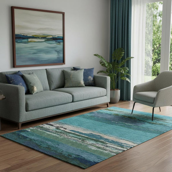 HomeRoots 5' X 8' Teal Green & Ivory Abstract Washable Area Rug – Durable, Stylish, UV Protected for All Spaces 692729