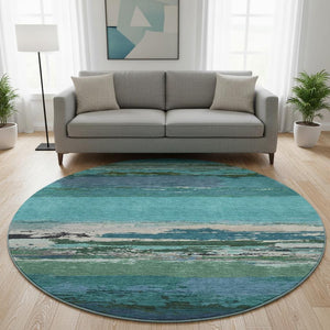 HomeRoots 8' X 8' Washable Teal Green and Ivory Abstract Round Rug with UV Protection for High-Traffic Areas 692730