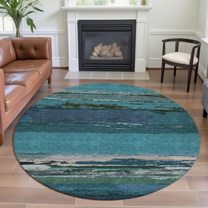 HomeRoots 8' X 8' Washable Teal Green and Ivory Abstract Round Rug with UV Protection for High-Traffic Areas 692730