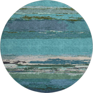 HomeRoots 8' X 8' Washable Teal Green and Ivory Abstract Round Rug with UV Protection for High-Traffic Areas 692730