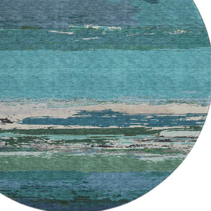HomeRoots 8' X 8' Washable Teal Green and Ivory Abstract Round Rug with UV Protection for High-Traffic Areas 692730