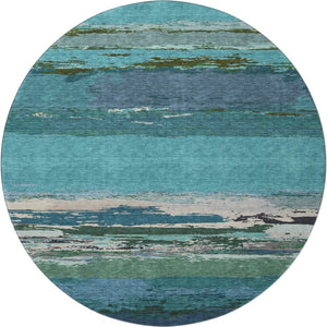 HomeRoots 8' X 8' Washable Teal Green and Ivory Abstract Round Rug with UV Protection for High-Traffic Areas 692730